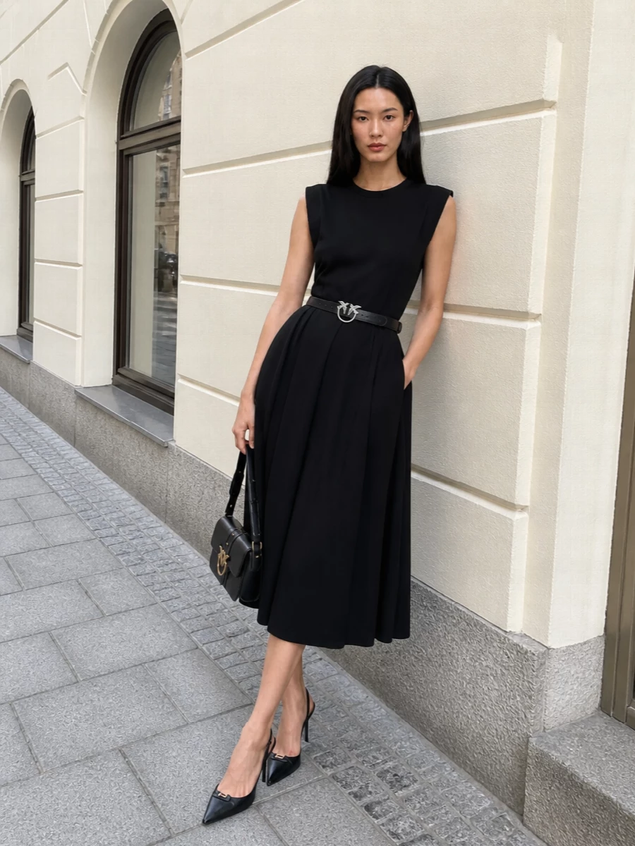 Pinko black midi dress heels small bag