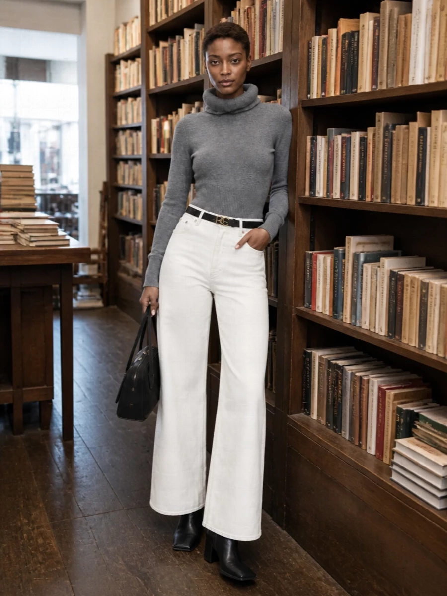 Alaia wide leg jeans grey turtleneck black boots
