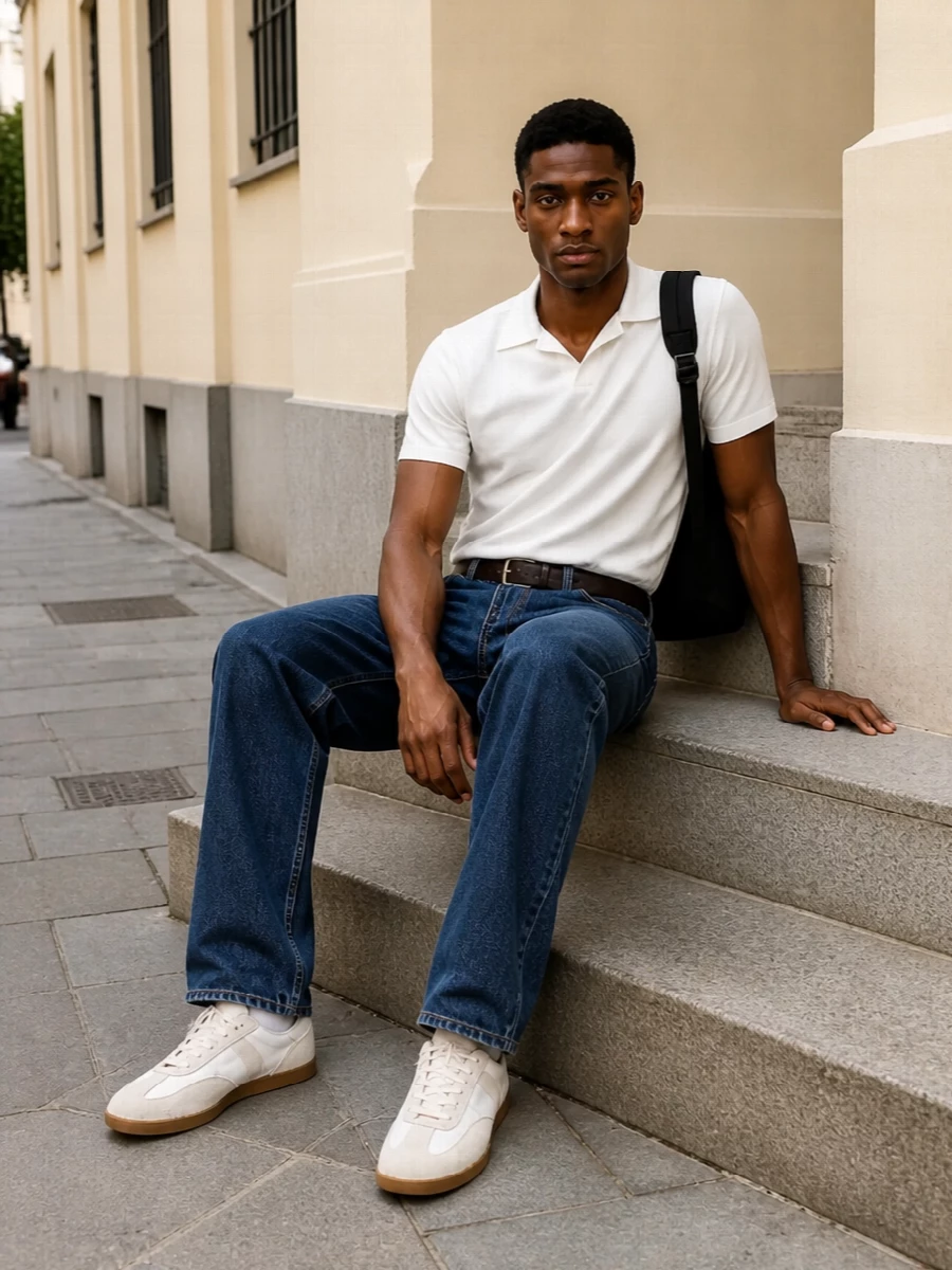 Dondup white polo straight leg blue jeans outfit