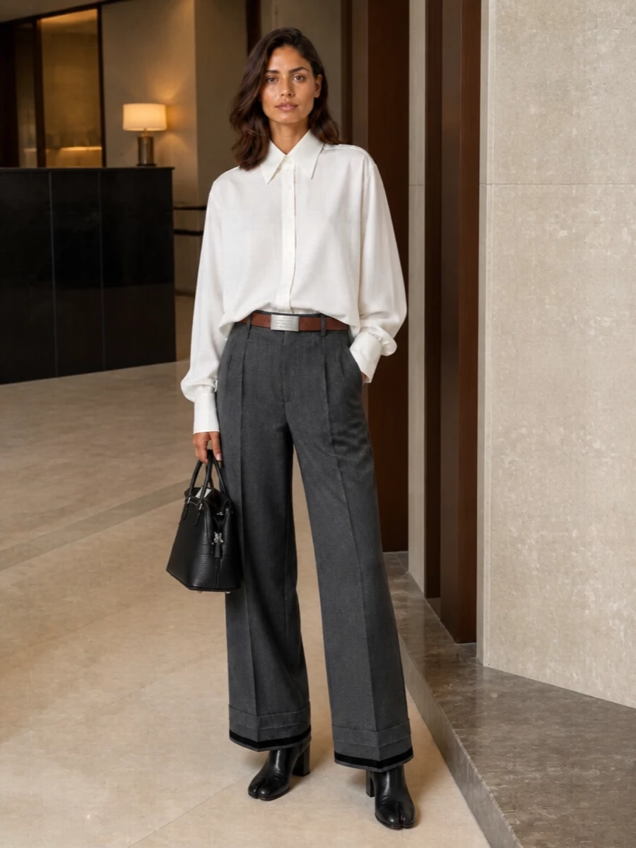 Charcoal pinstripe wide-legs sit under an oversized white Margiela shirt for a clean, androgynous take on office-ready tailoring. Split-toe black ankle boots and a structured logo top-handle keep the line sharp, while a reversible belt quietly defines the waist without breaking the minimalist mood.