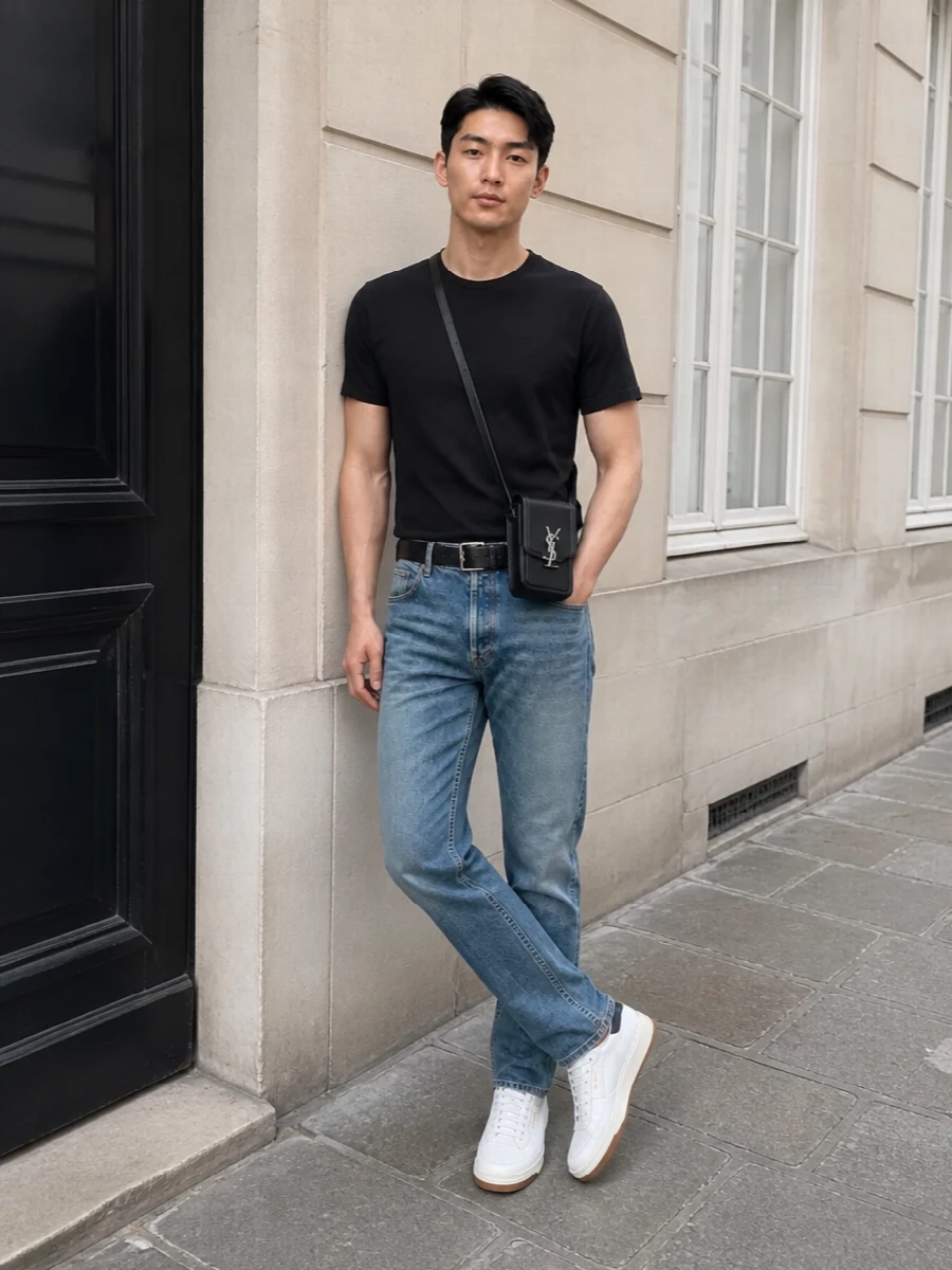 Saint laurent straight leg jeans sneakers outfit