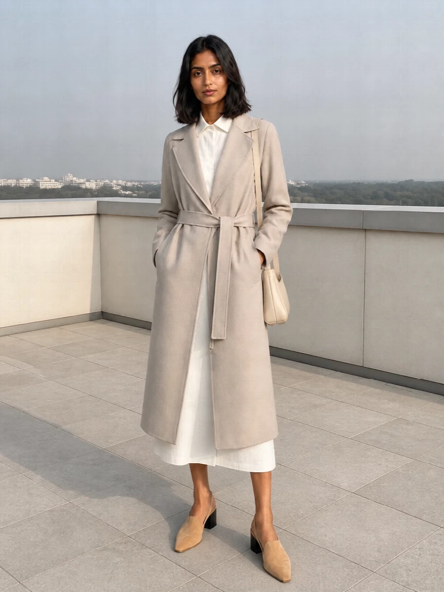 Max mara neutral wrap coat white midi dress