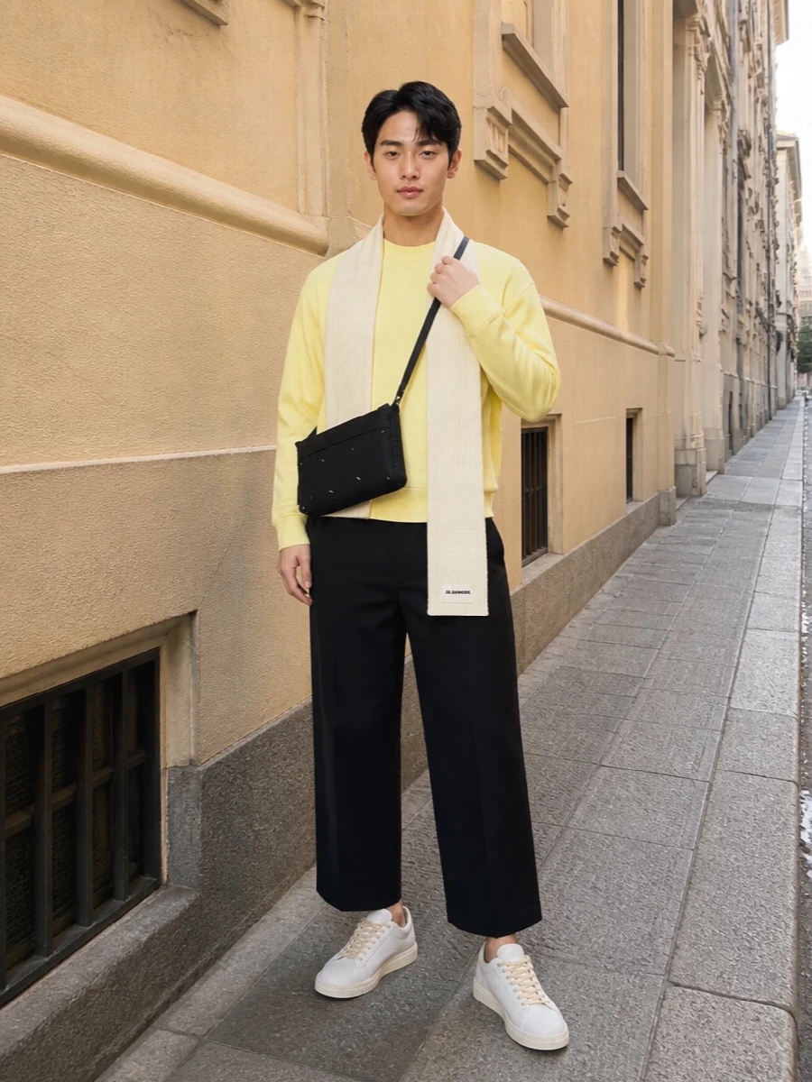 Jacquemus yellow sweatshirt cropped black trousers