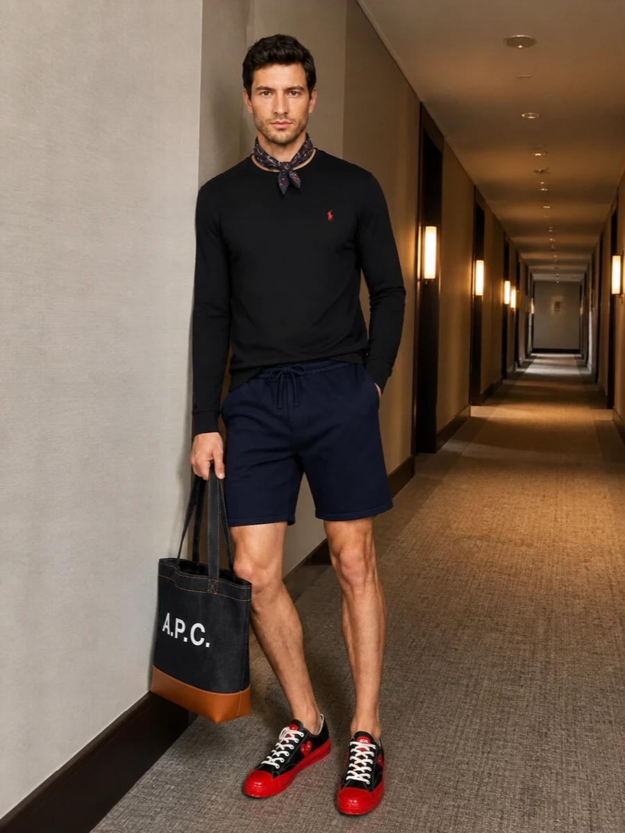 Polo tee navy shorts cdg sneakers outfit