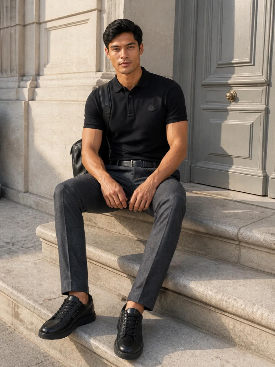 Moncler black polo charcoal trousers prada sneakers