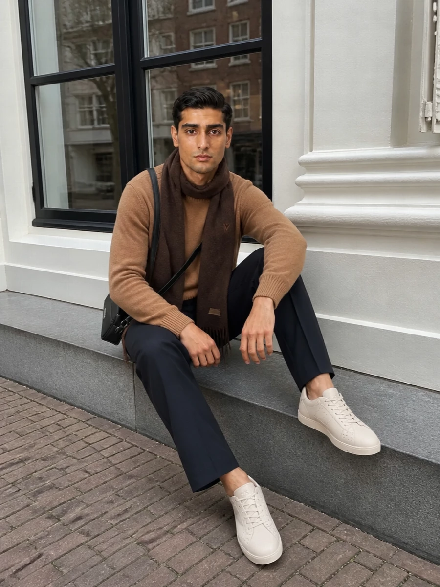 Ami paris camel sweater navy trousers outfit