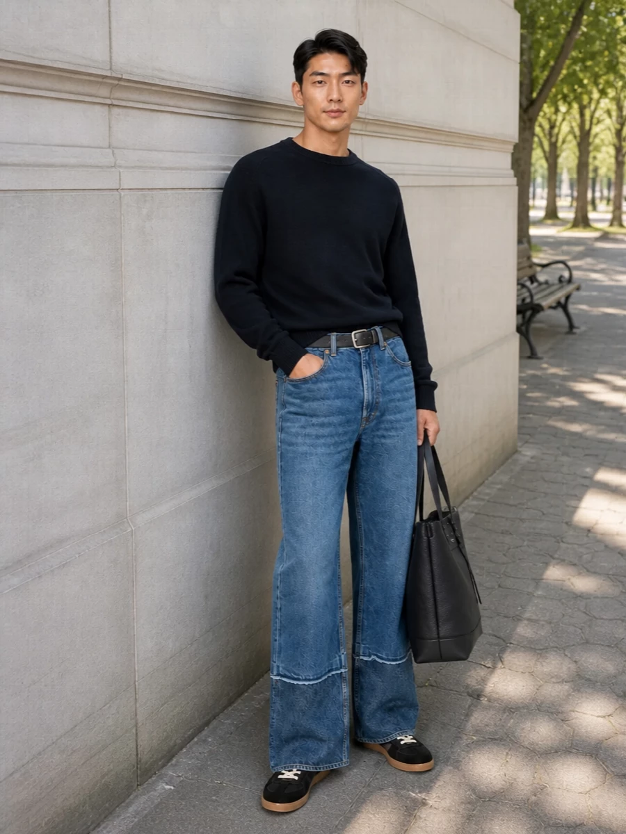 Our legacy wide leg jeans navy knit margiela sneakers