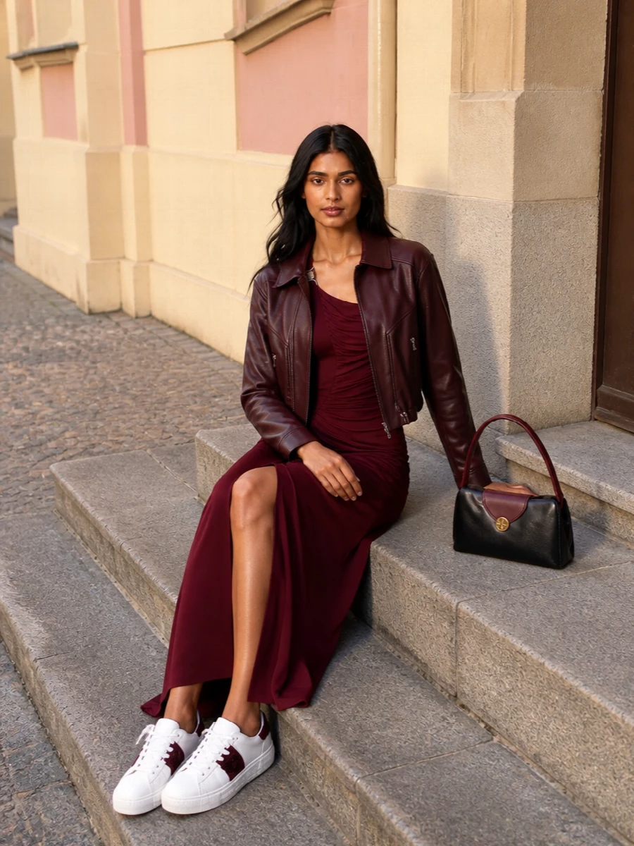 Versace burgundy leather jacket gown outfit