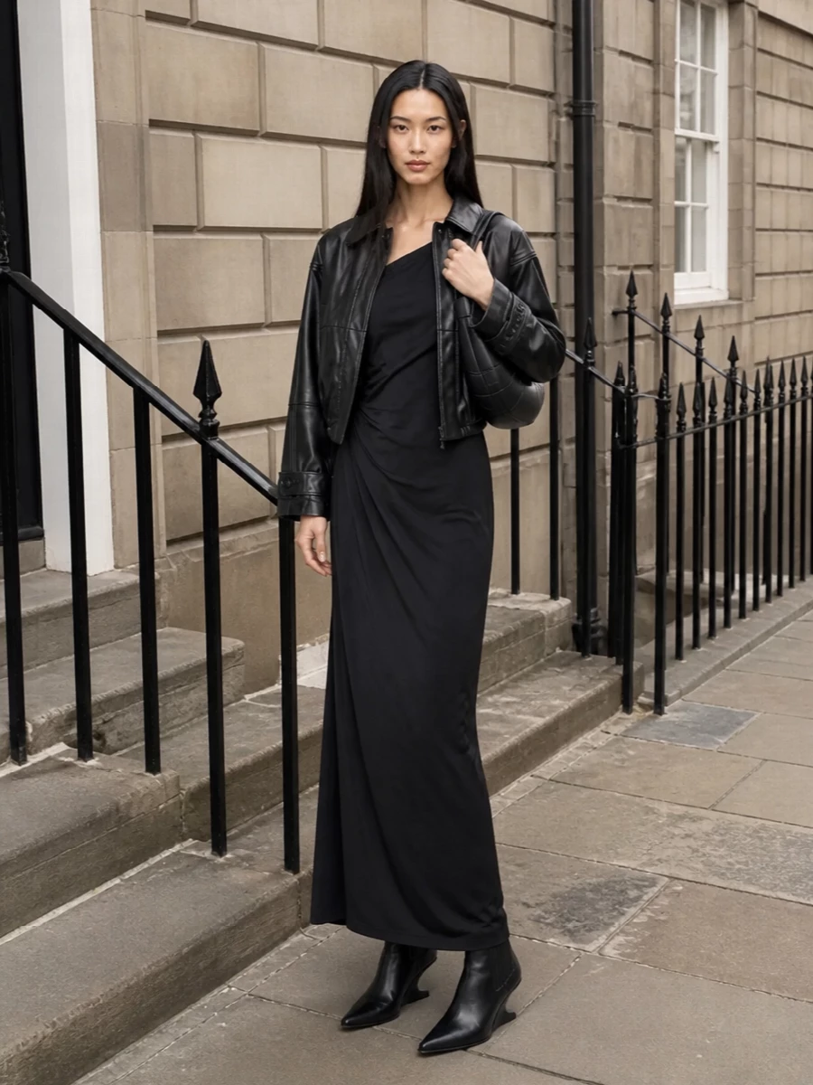 Rohe black leather jacket one shoulder maxi dress