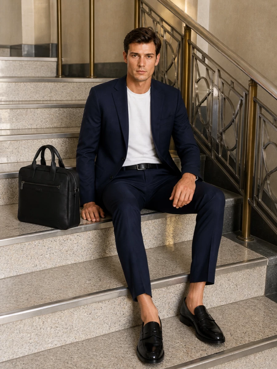 Boss navy suit black penny loafers briefcase