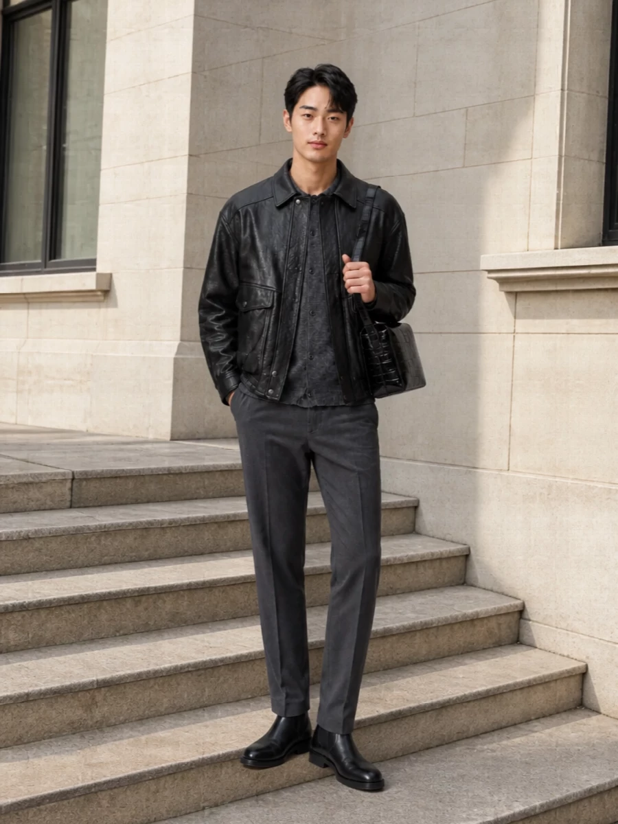 Dunst leather jacket charcoal trousers chelsea boots