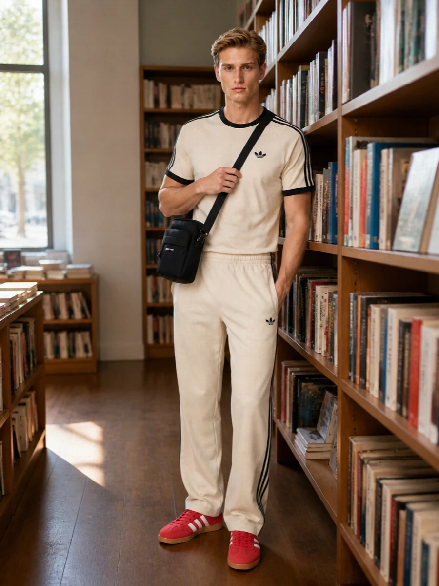 Adidas gazelle beige track pants stripe tee outfit