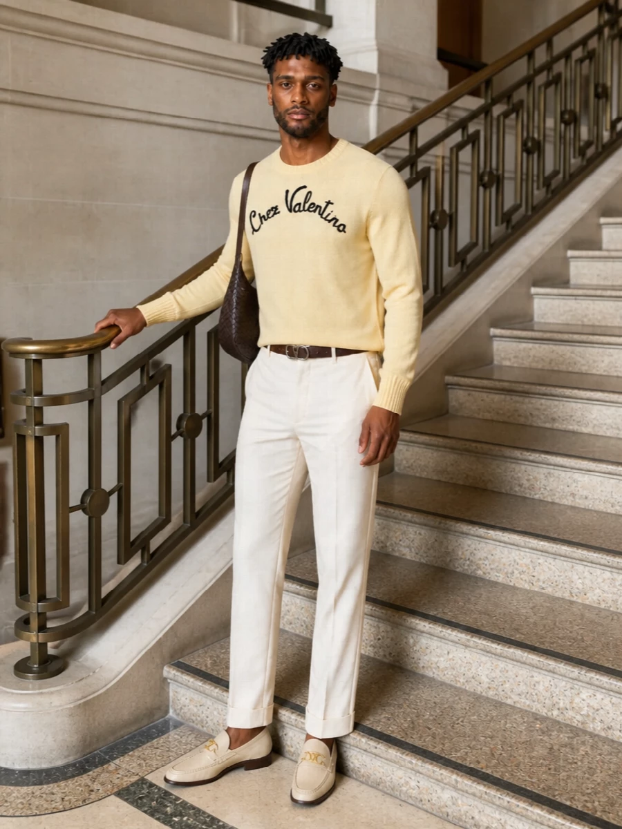 Valentino yellow knit ivory trousers outfit