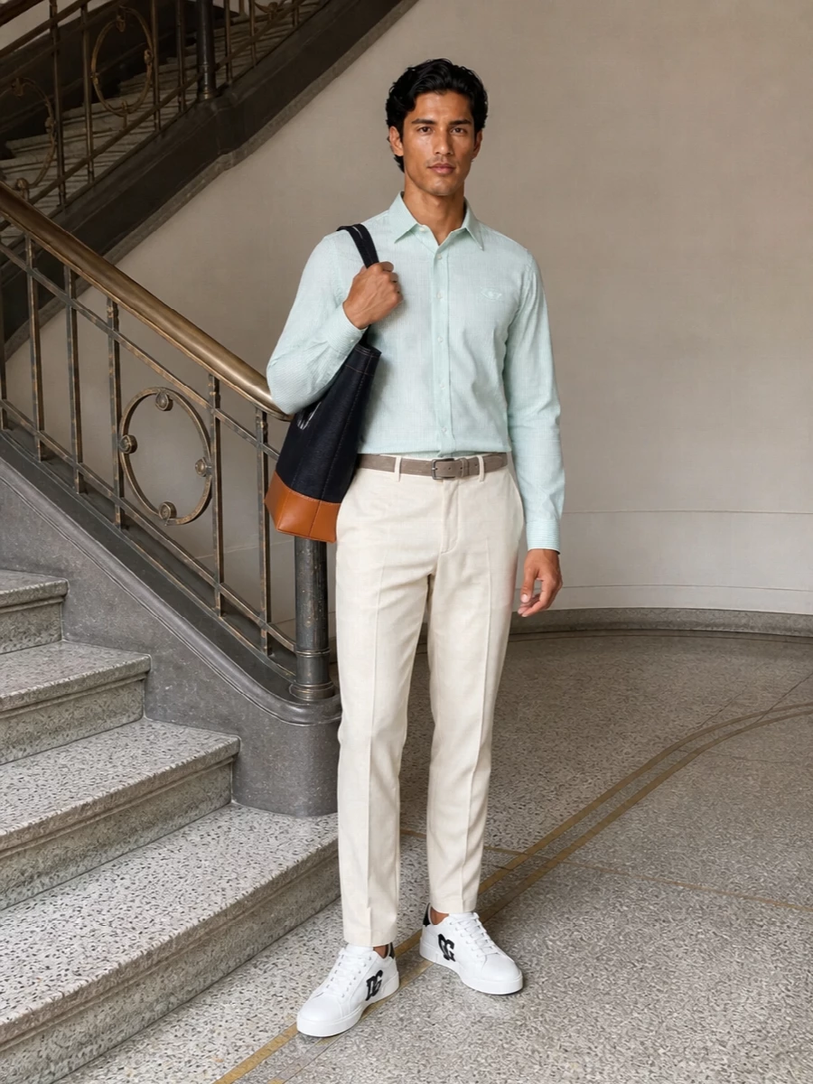 Diesel striped shirt cream trousers white sneakers