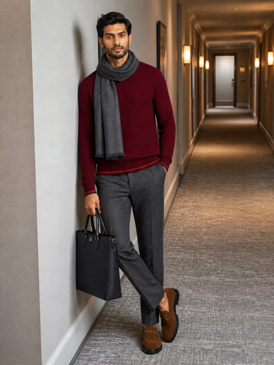 Gucci burgundy sweater charcoal trousers loafers