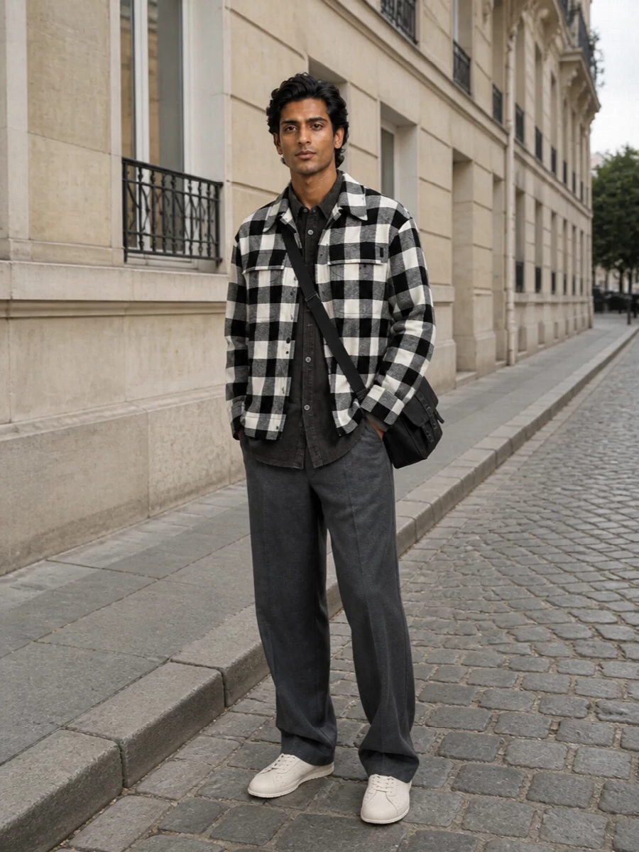 Ami paris buffalo check jacket charcoal trousers