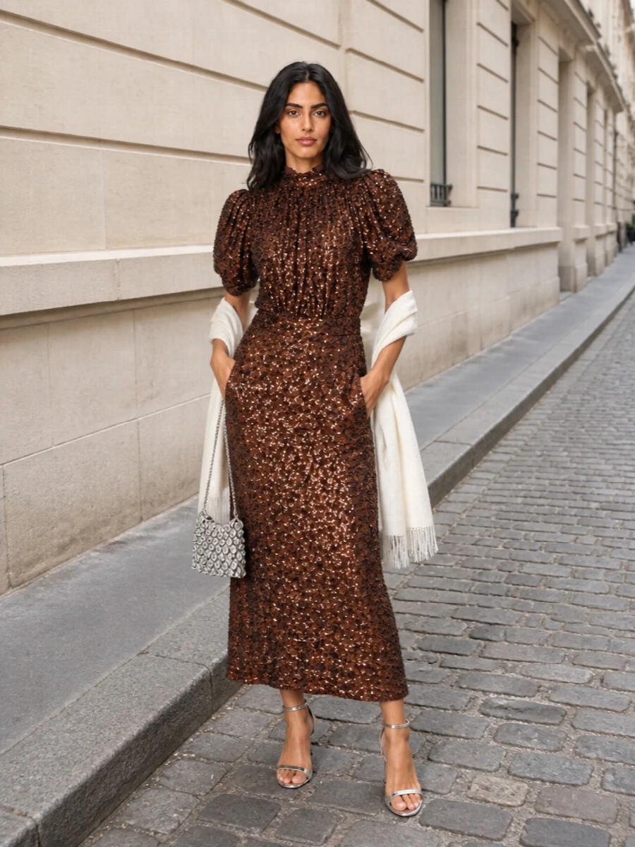 Rotate sequin maxi dress silver stuart weitzman heels