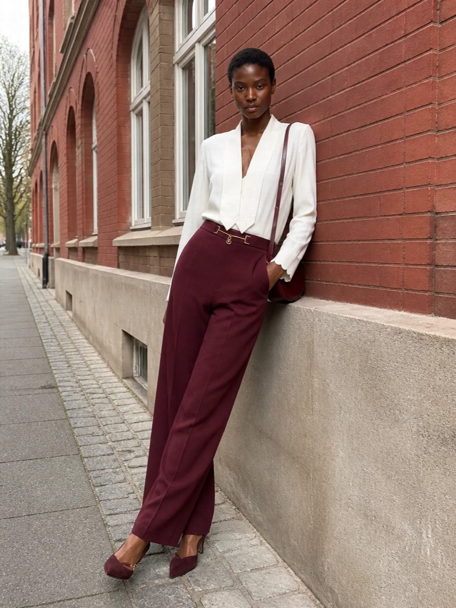 Elisabetta franchi burgundy trousers ivory blouse