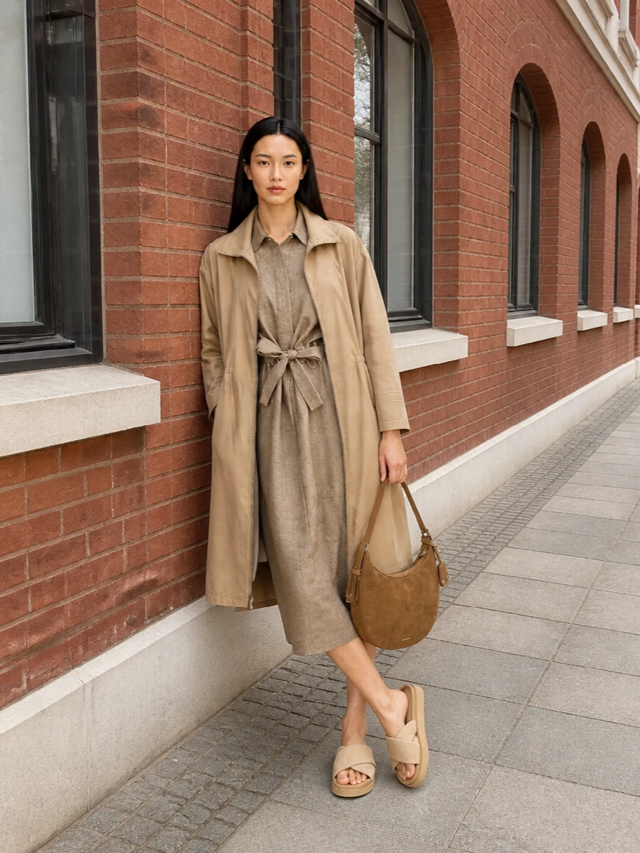 I am building around the parka with a single strong anchor, so I chose the linen shirt dress path rather than top and trouser to avoid a heavy, over-layered effect. The taupe belted dress and sand slides create a tonal, softly structured column under the coat, while the camel suede hobo adds texture and ease. Together they read as relaxed, city-ready quiet luxury that feels intentional from morning errands to terrace lunches.