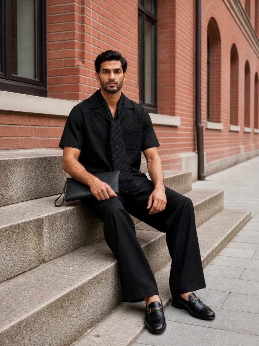 Gucci black camp collar shirt wide leg trousers