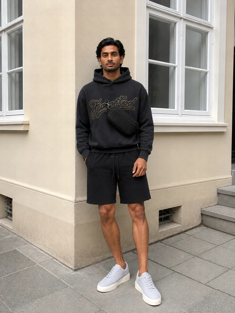 Fear of god hoodie black shorts outfit