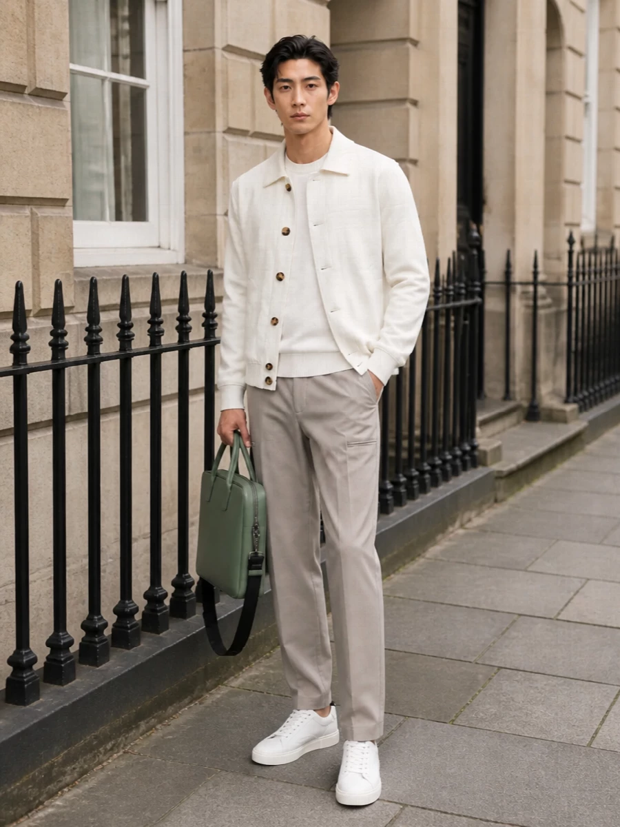 An ivory Brunello Cucinelli blouson sits over an off white Moncler knit and light taupe Givenchy trousers for a softly structured neutral story. Crisp Thom Browne sneakers keep it city ready, while the sage Valextra briefcase adds just enough color and purpose for modern business casual days that often run late.