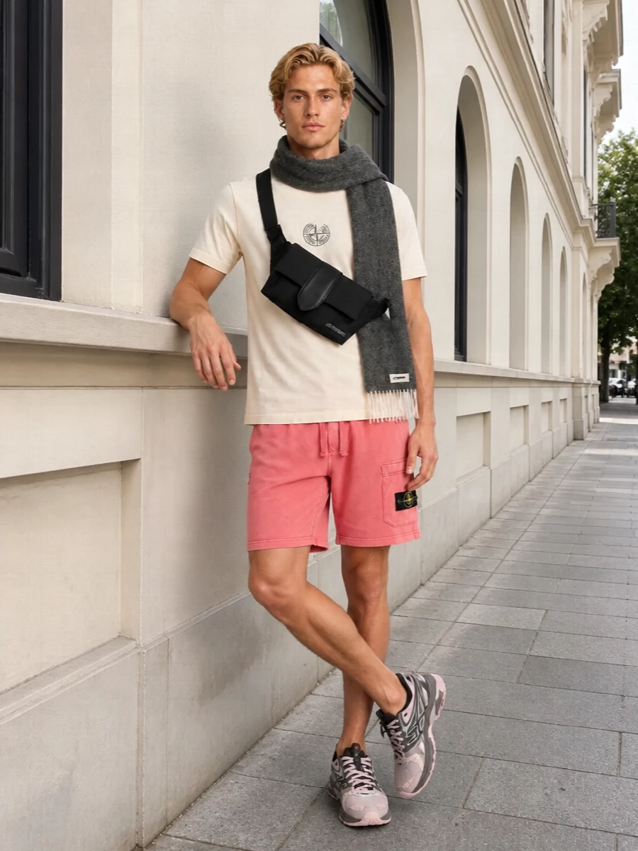 Stone island coral shorts ecru tee asics runners