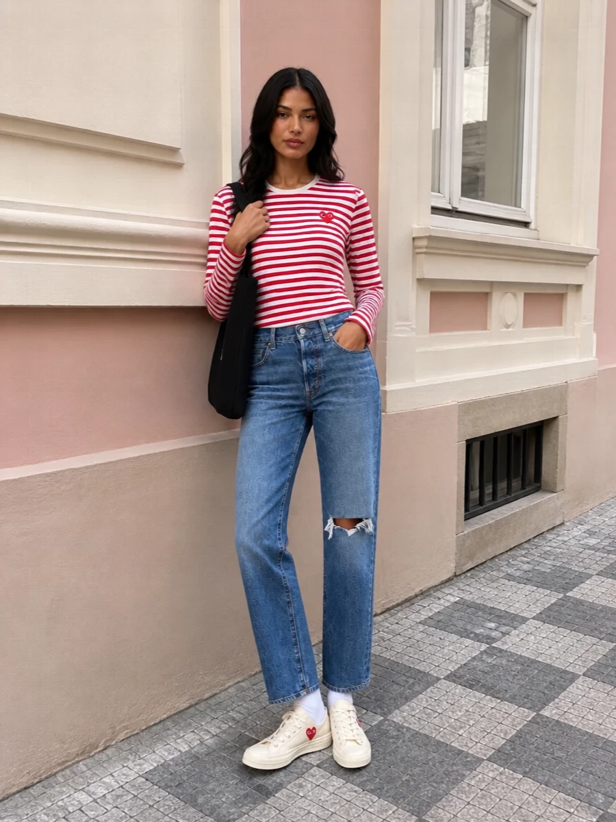 Comme des garcons play stripe tee jeans outfit