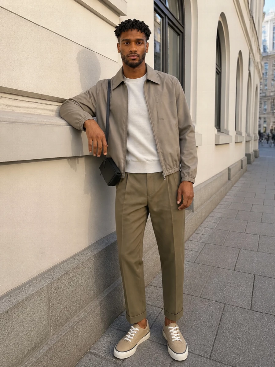 Ami’s taupe blouson sits over an off white sweatshirt and cropped khaki pleated trouser for a calm, tonal take on city dressing. Taupe Jacquemus canvas sneakers keep it relaxed but precise, while the slim black shoulder bag sharpens the mood without competing with the neutrals.