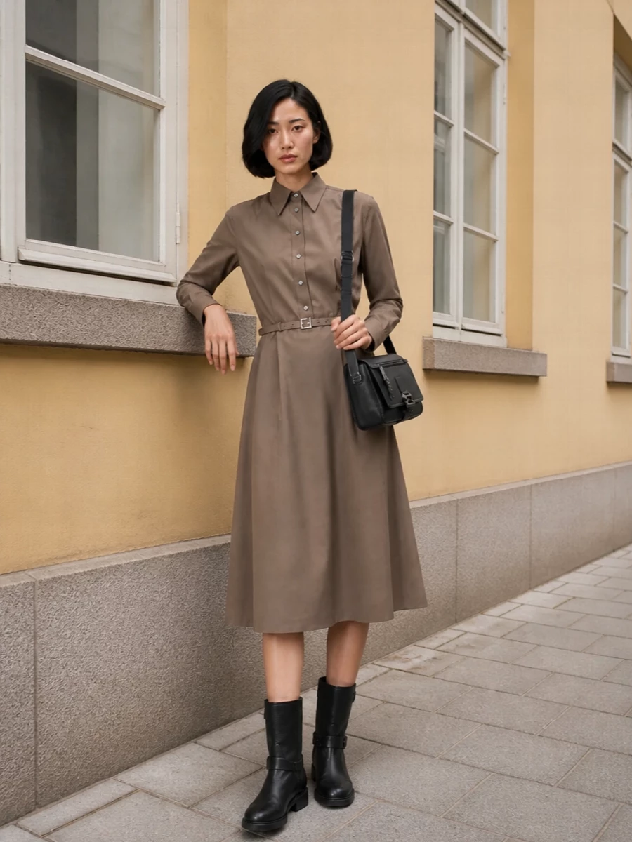 This pairing leans into a refined utility mood, grounding Fendi’s taupe shirt dress with the black moto boots for a precise yet wearable city uniform. The shirt dress choice over separates keeps the line clean and uninterrupted, letting the defined waist and midi skirt do the work while the dark leather accessories add just enough attitude. It moves easily from office hours to late dinners with a single, confident silhouette rather than a layered top-and-trouser story.