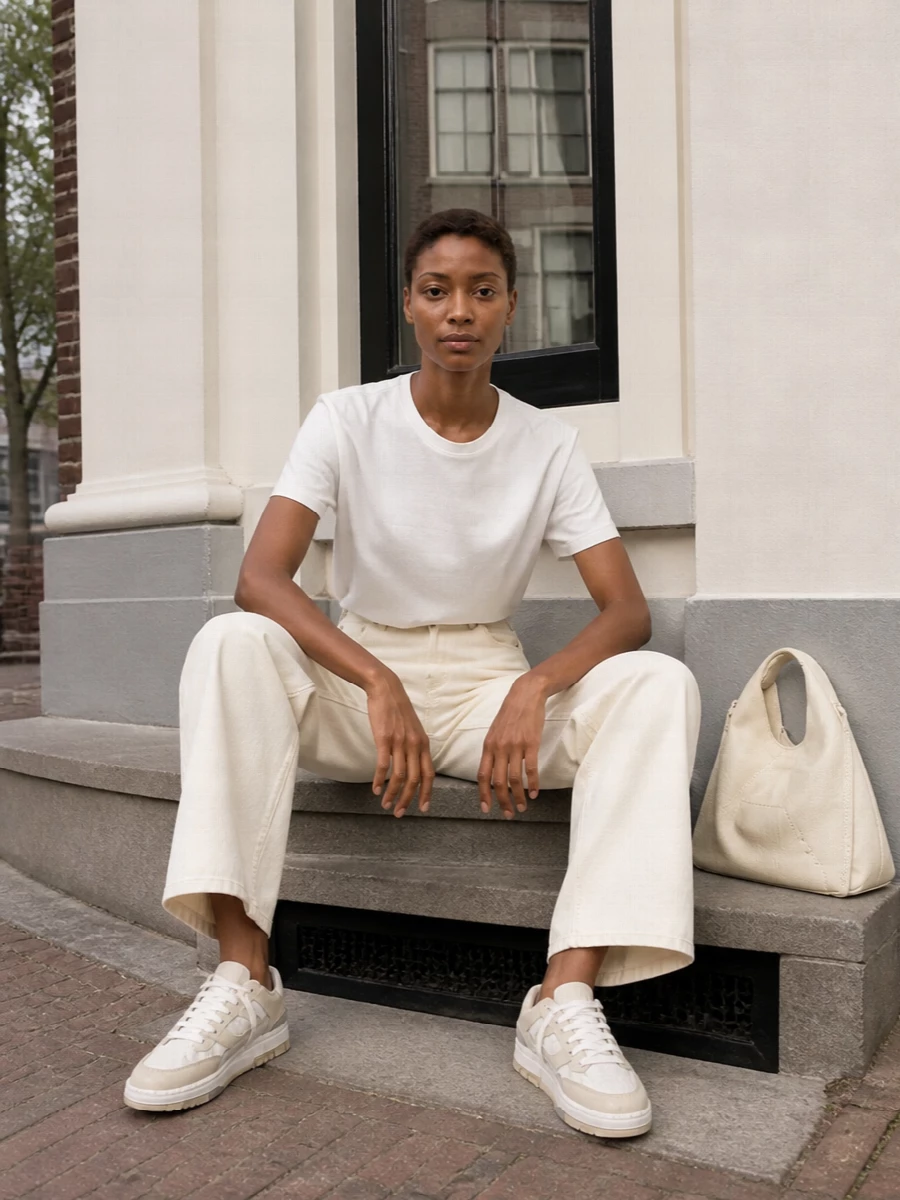 A quietly precise all-neutrals outfit built around clean structure and soft volume. The high-waisted buttercream denim and padded neutral sneakers keep it relaxed, while the sculptural hobo and sharp tee shoulders add just enough intention. It reads calm, modern and ready for everything from studio days to low-key dinners.