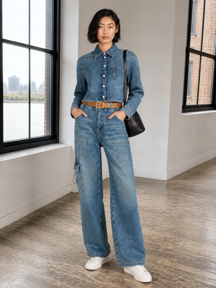 Moschino denim shirt wide leg jeans outfit