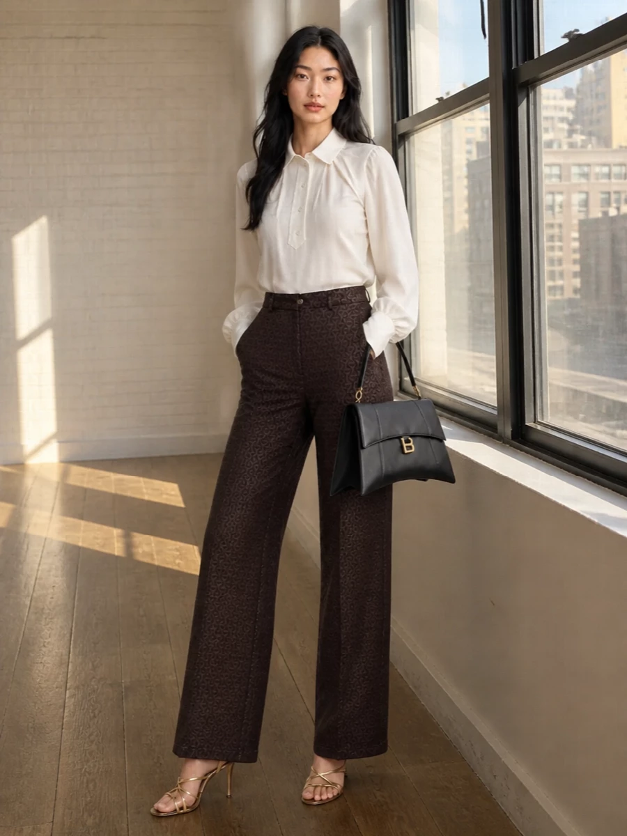 Deep espresso jacquard trousers meet a softly structured ivory tuxedo blouse for a precise but understated evening pairing. Gold-strapped espresso heels pick up the richness of the print, while a sculpted black top-handle bag sharpens the silhouette without stealing focus. The result is tailored and quietly luxurious, ideal for gallery dinners or intimate city cocktails.