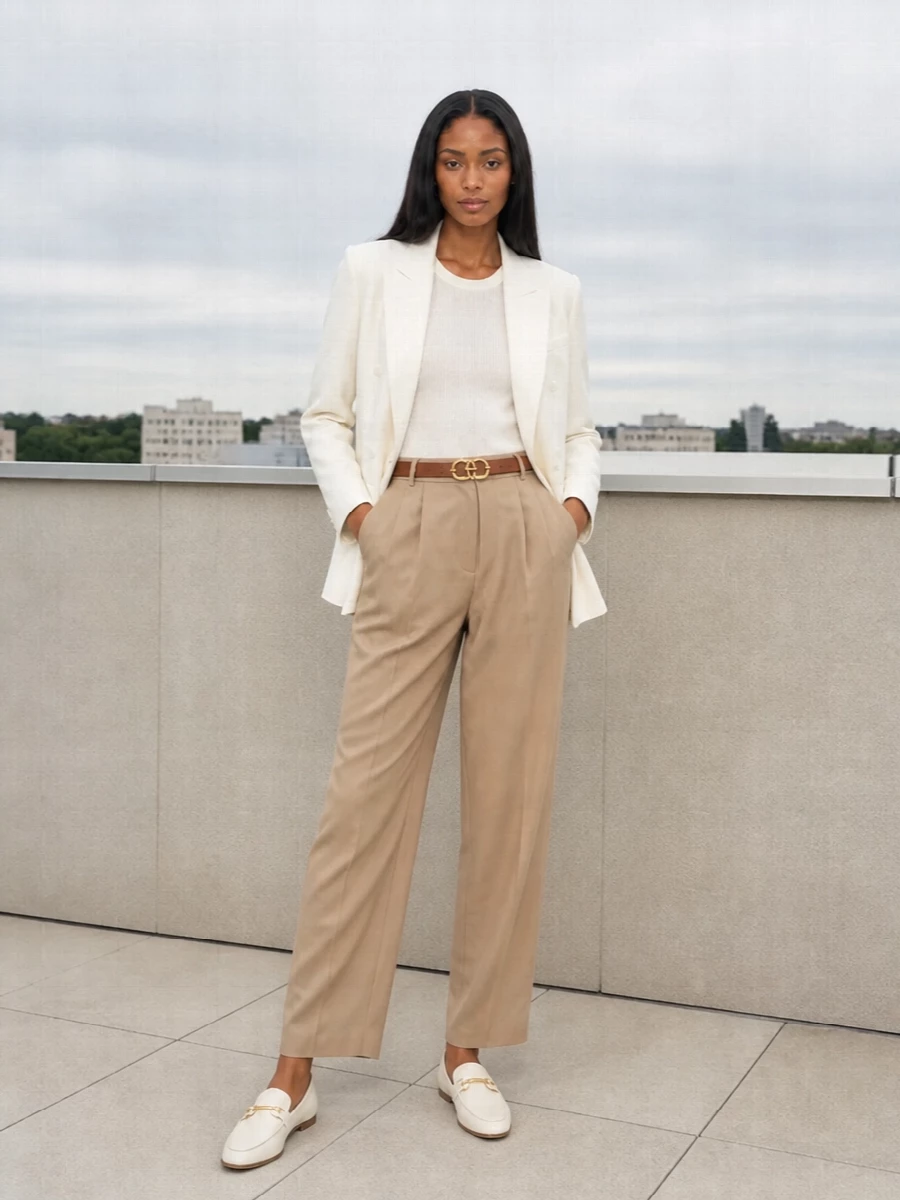 Frankie shop camel trousers ivory blazer outfit