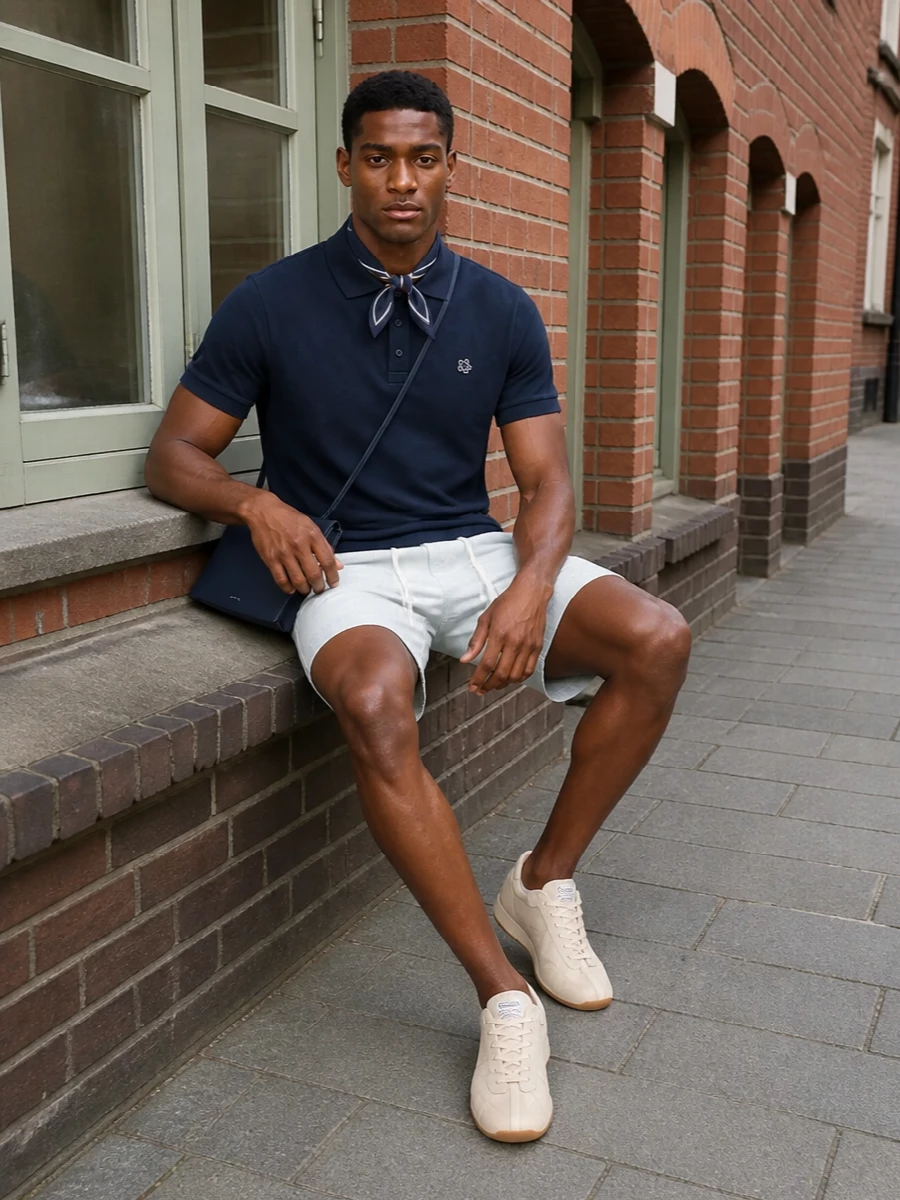 Deep navy on top and washed ice-blue below creates a crisp, collegiate palette that feels calm but intentional. Cream runners and a slim navy crossbody keep everything light on the eye, while the graphic silk square adds just enough structure to nudge this easy combination toward quietly smart city days. It is a clean, modern take on preppy that works from late brunch to an evening drink without needing a change.