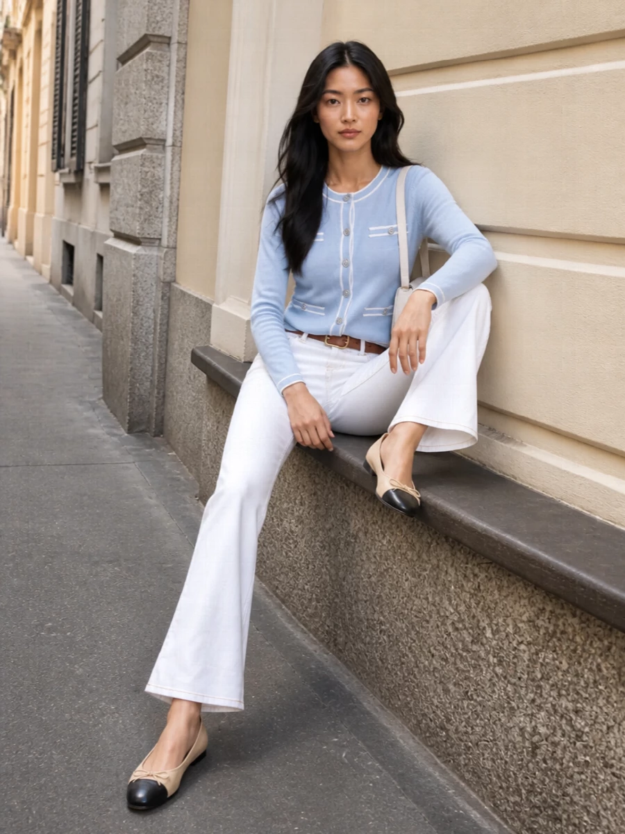 Tory burch white flared jeans blue cardigan outfit