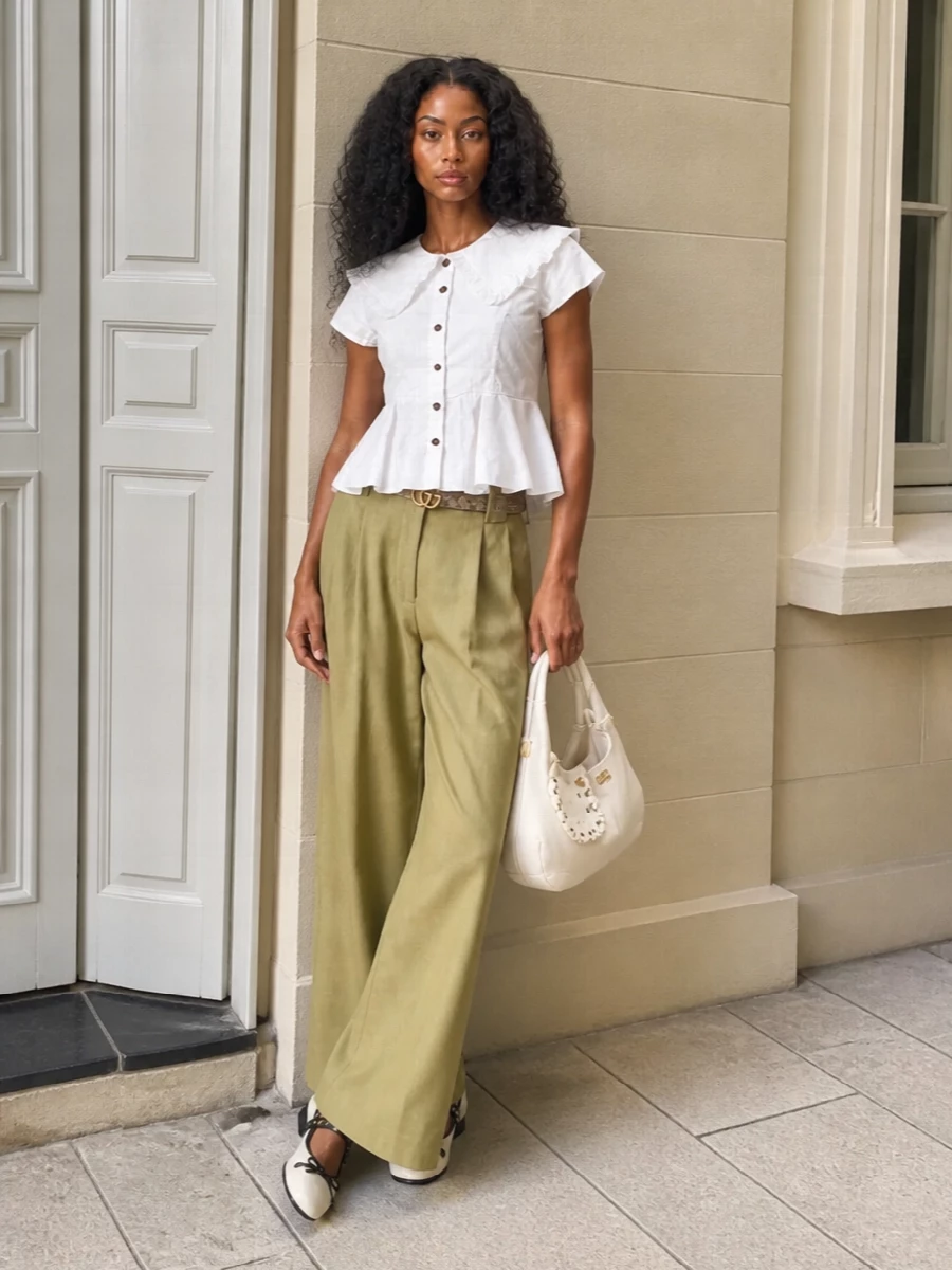 Ganni peplum blouse khaki wide leg trousers