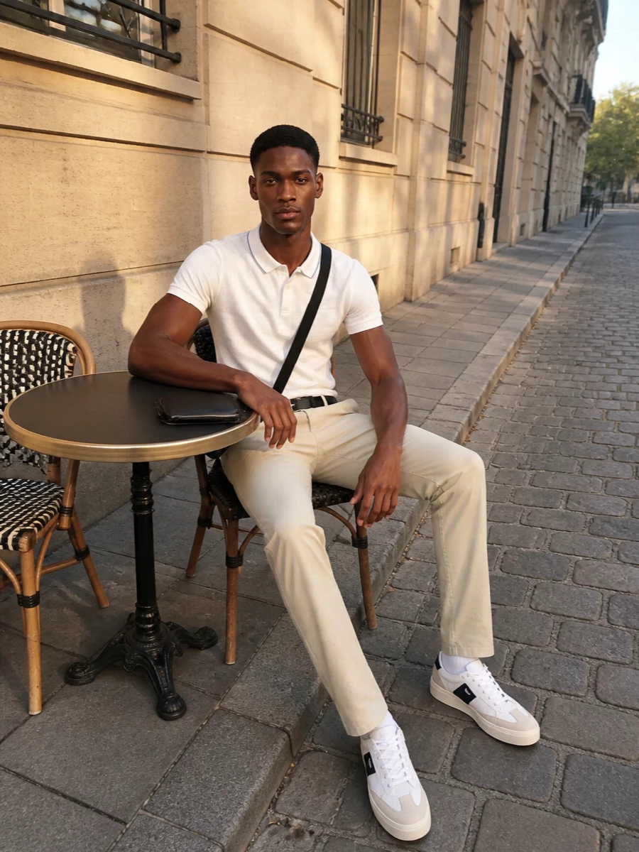Boss polo beige chinos white sneakers outfit