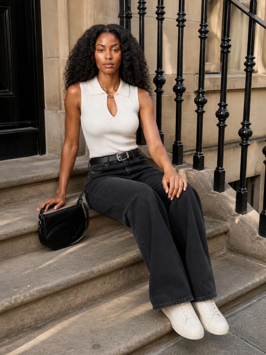 An off-white ribbed knit collides with washed black wide-leg denim for a clean, minimalist take on casual dressing. Cream-toned low-top sneakers keep the mood relaxed, while a structured black crescent bag and slim belt add just enough definition and polish for city days that run into low-key evenings.