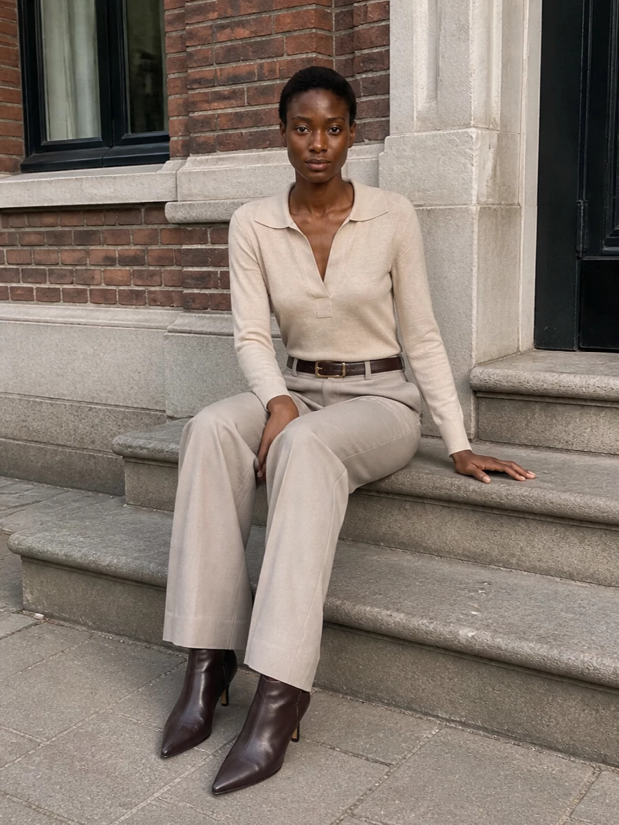 Victoria beckham beige polo taupe wide leg pants