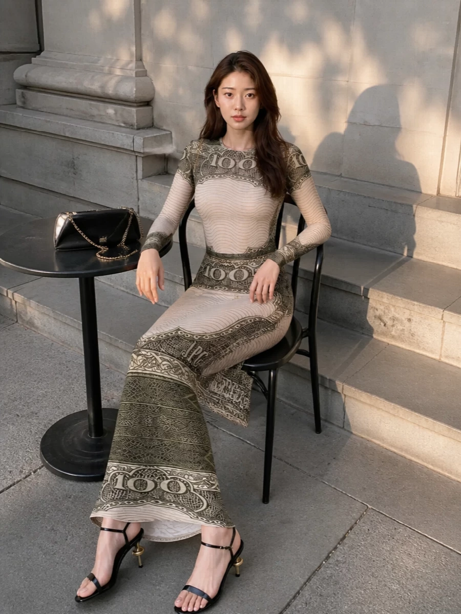 Jean paul gaultier money print skirt outfit
