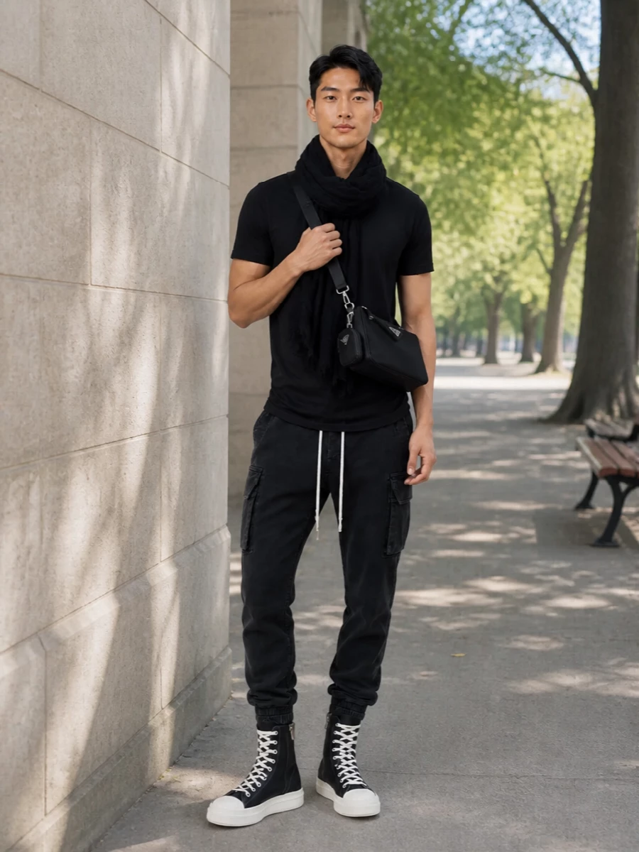 Rick owens drkshdw black tee cargo outfit