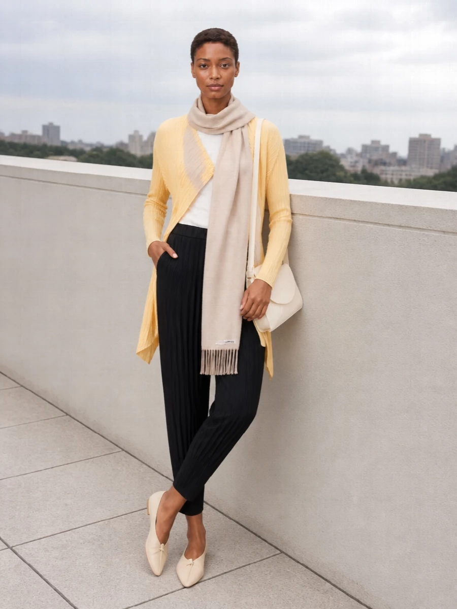Pleats please cardigan black trousers flats