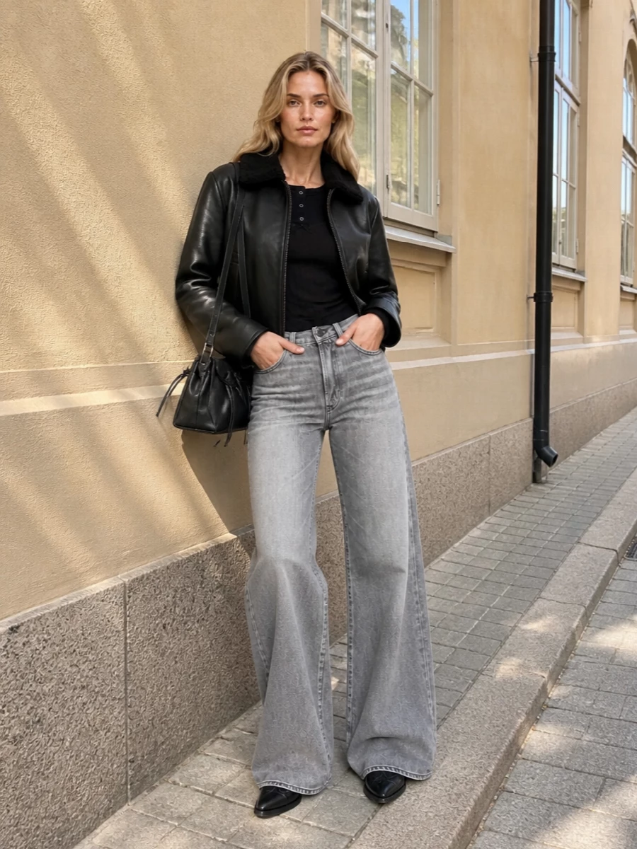 Acne studios leather jacket wide leg jeans outfit
