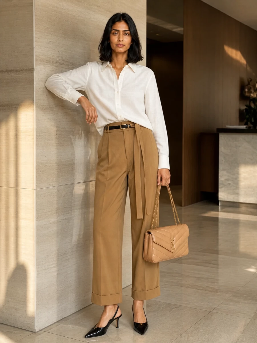 Saint laurent camel trousers ivory shirt outfit