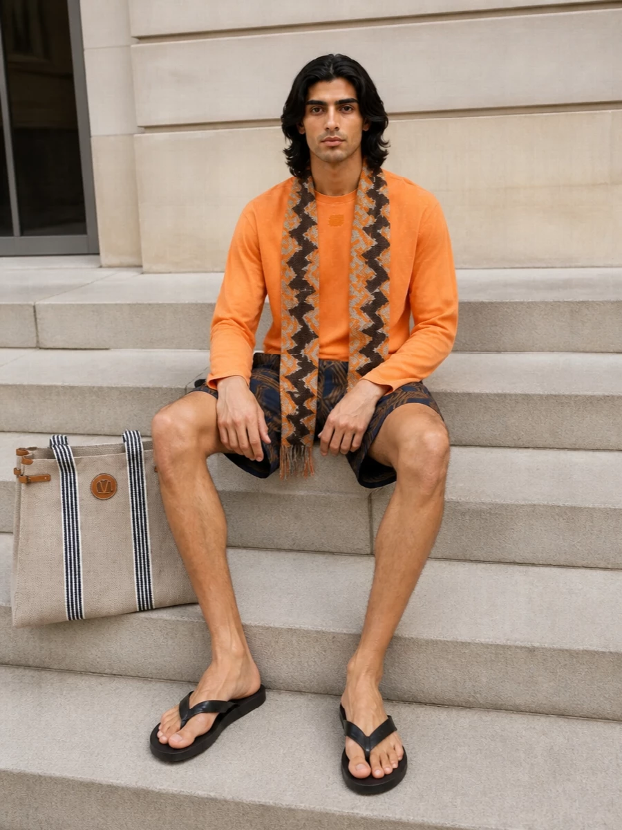 Loewe swim shorts orange tee prada sandals