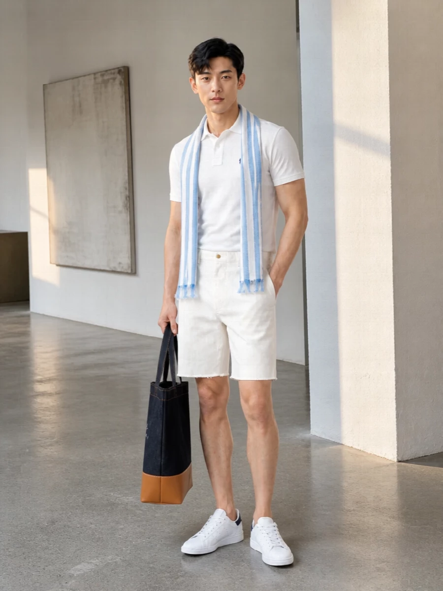 A crisp white polo sits over off-white chino shorts for a clean, collegiate take on warm weather dressing. White and navy sneakers keep the palette tight while the indigo tote and sky-toned scarf introduce just enough color and texture. The result is relaxed but well groomed, ideal for terrace lunches or coastal weekends.