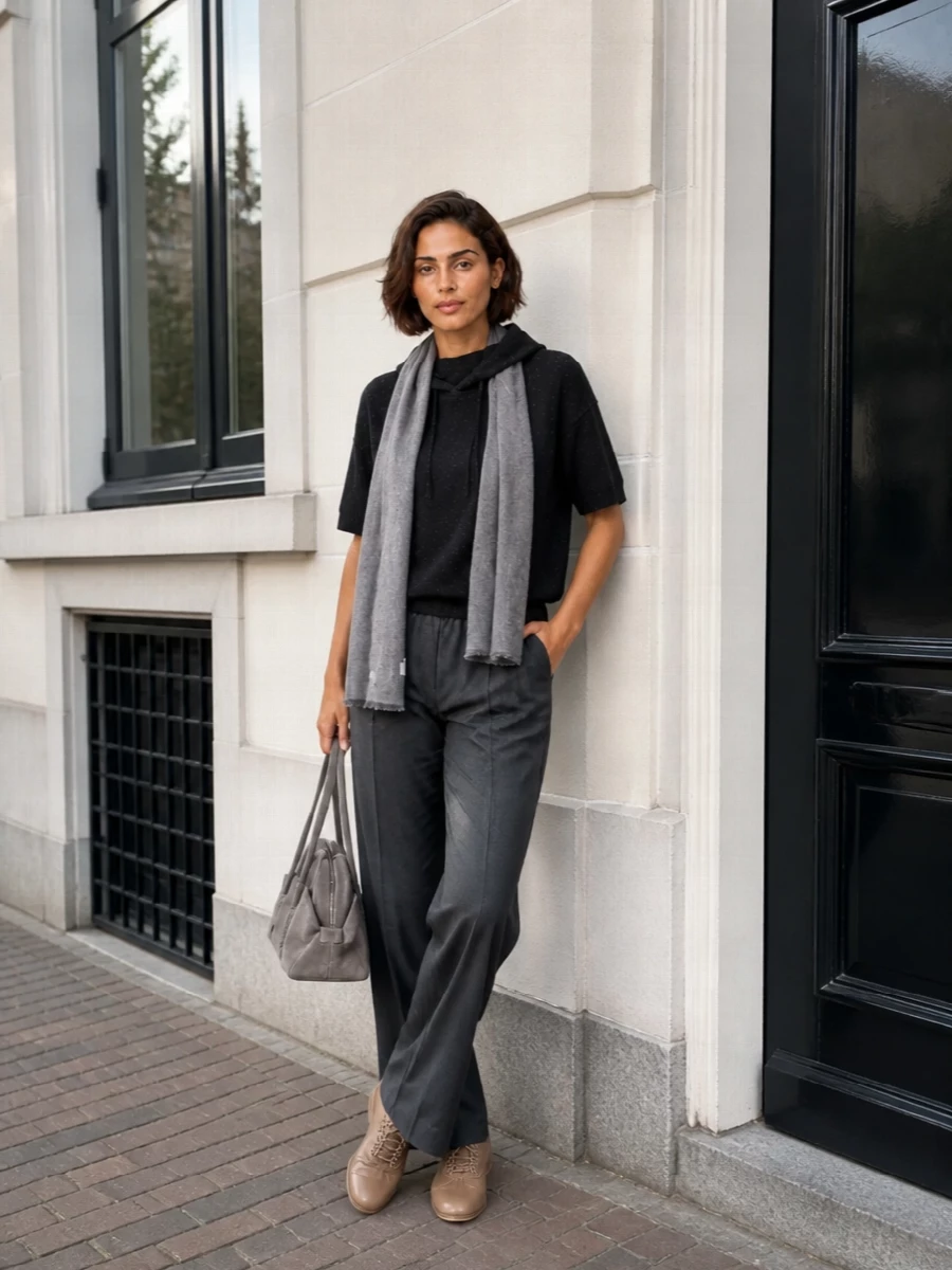 Fabiana filippi hoodie charcoal trousers taupe sneakers