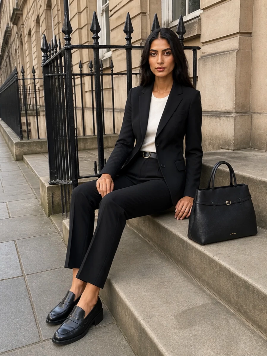 Max mara black trouser suit tods loafers
