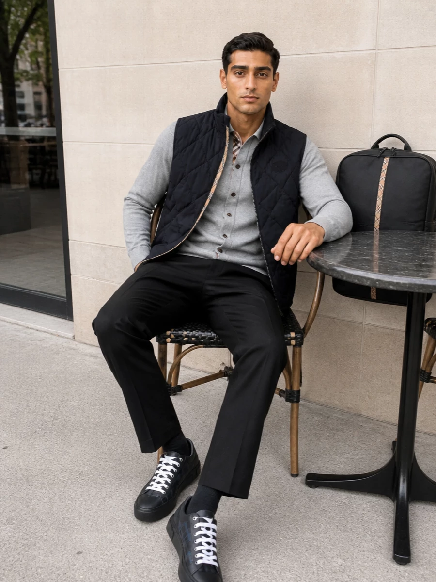Burberry quilted gilet grey cardigan black chinos